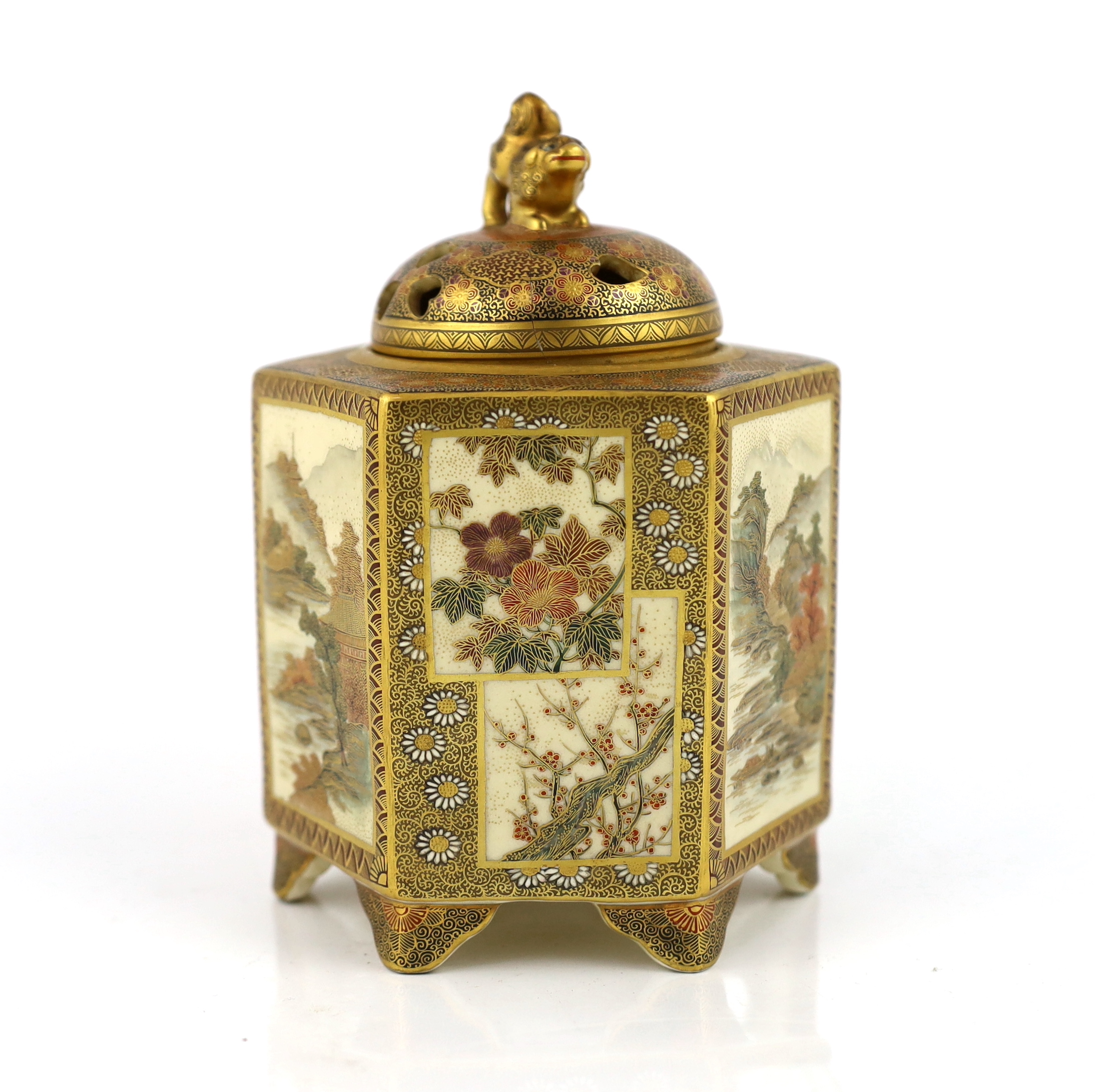 A Japanese Satsuma hexagonal koro and cover, by Kinkozan, Meiji period